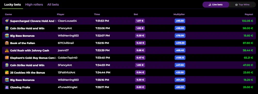 Classifica vincitori live di Spinmama e display delle recenti scommesse fortunate